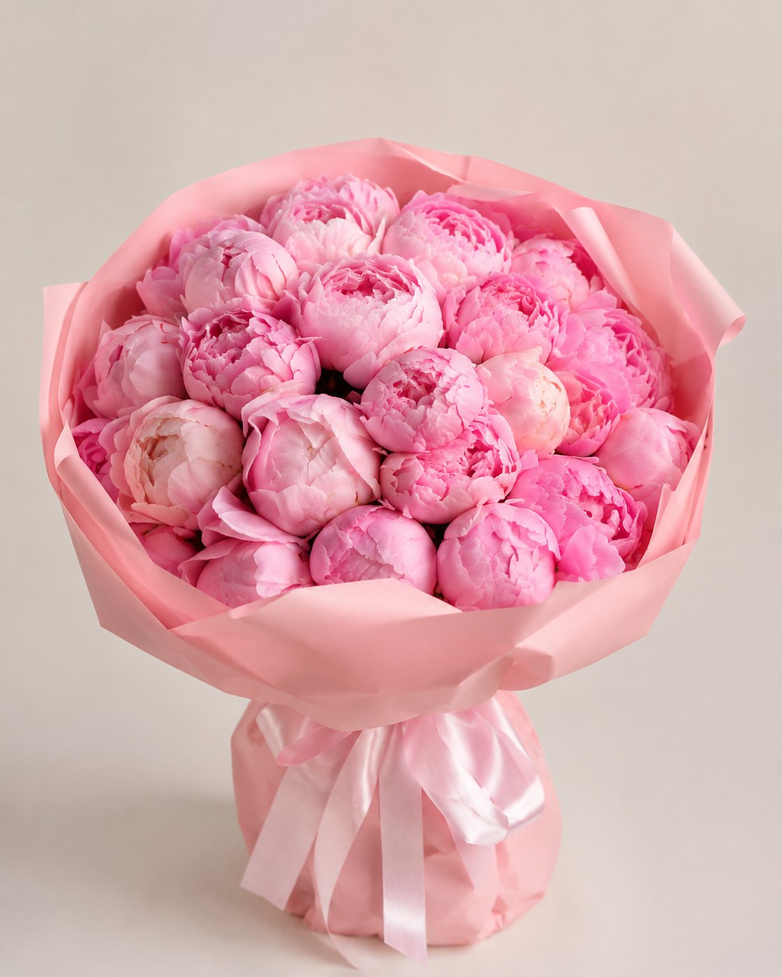 Ramo de peonías rosadas con manzanilla, envuelto en papel blush